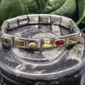 Italian Charm Bracelet Gold and Stainless Steel with Multicolor Stones